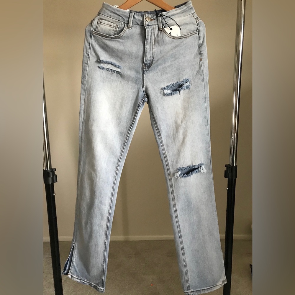 Pretty little thing Bleach light Wash Ripped Split Hem Jeans Women’s size 7/27 - Picture 3 of 10
